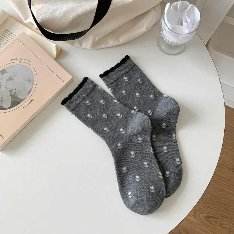 Tiny Tulip Floral Scallop Cuff Socks - Gray