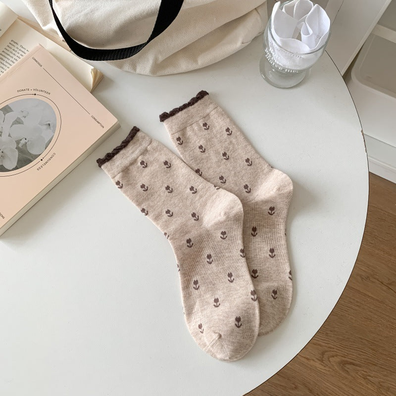Tiny Tulip Floral Scallop Cuff Socks - Khaki