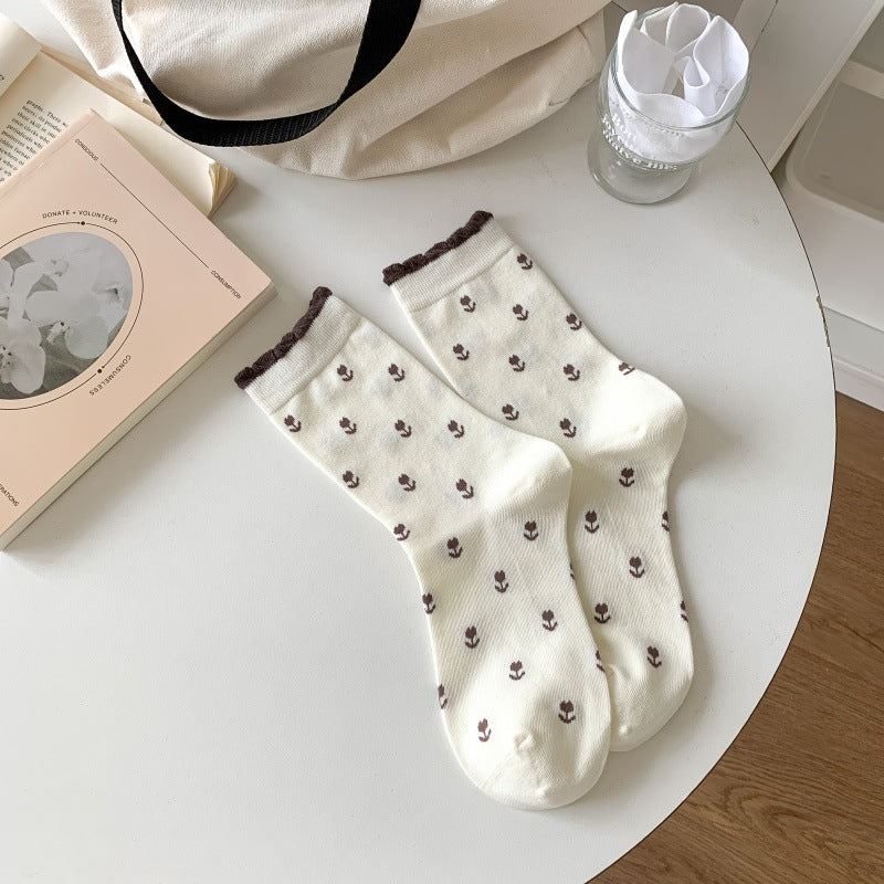 Tiny Tulip Floral Scallop Cuff Socks - White