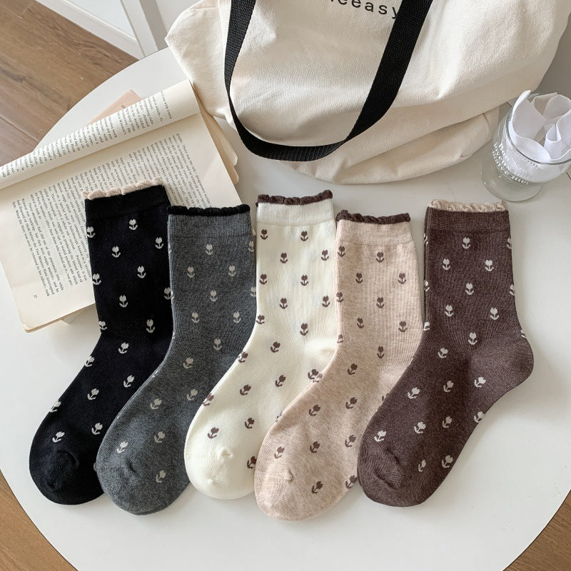 Tiny Tulip Floral Scallop Cuff Socks