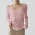 Sheer Scoop Neck Curved Hem Long Sleeve Yoga Top - Clay Pink