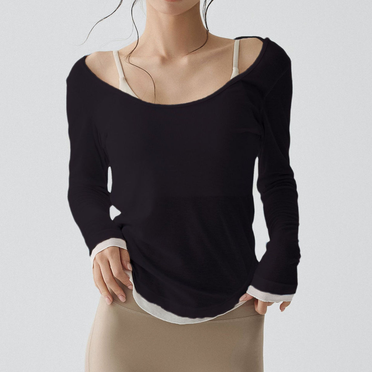 Sheer Scoop Neck Curved Hem Long Sleeve Yoga Top