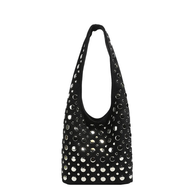 Studded Faux Suede Shoulder Bag - Black