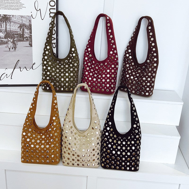 Studded Faux Suede Shoulder Bag