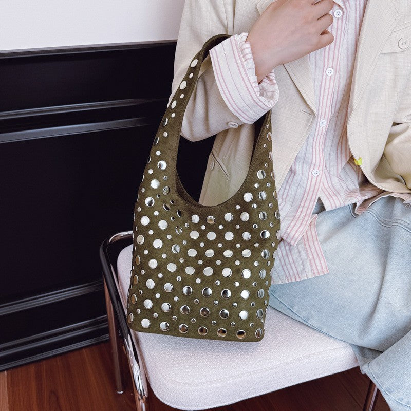 Studded Faux Suede Shoulder Bag