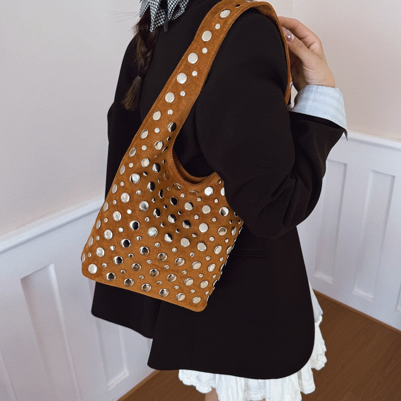 Studded Faux Suede Shoulder Bag