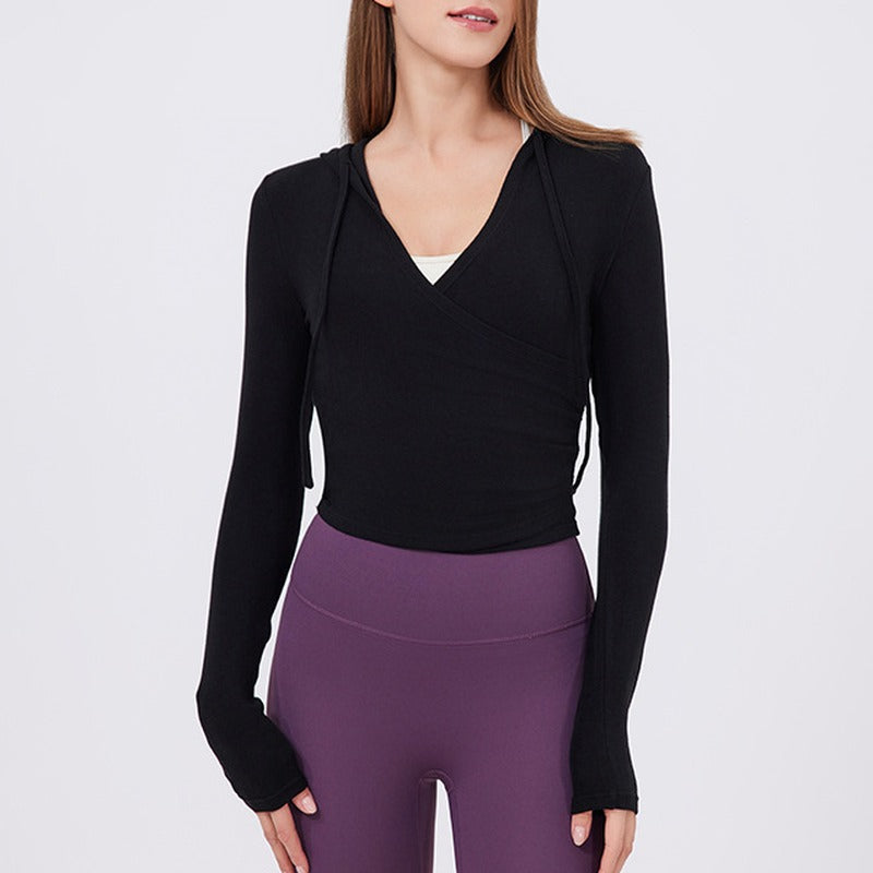 Soft Knit Ruched Wrap Cropped Hooded Yoga Top - Black