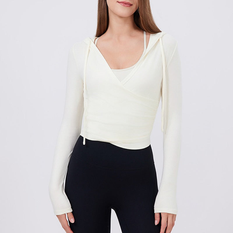Soft Knit Ruched Wrap Cropped Hooded Yoga Top - Cream