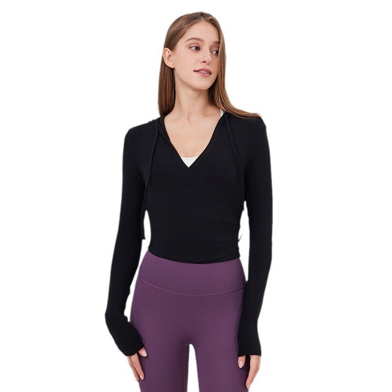 Soft Knit Ruched Wrap Cropped Hooded Yoga Top