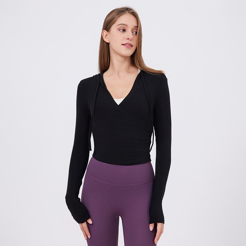 Soft Knit Ruched Wrap Cropped Hooded Yoga Top
