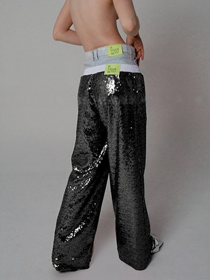 Contrast Waistband Sequin Wide Leg Pants - Black - 1