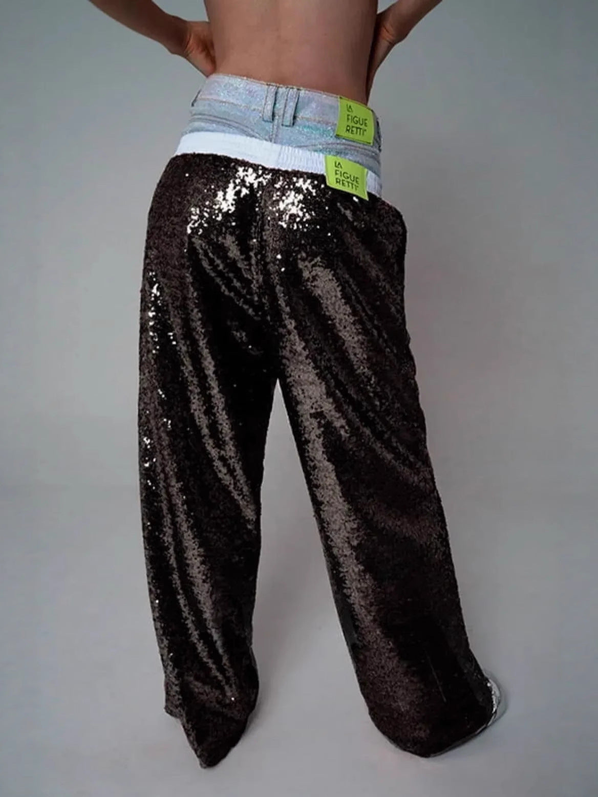 Contrast Waistband Sequin Wide Leg Pants - Black - 2