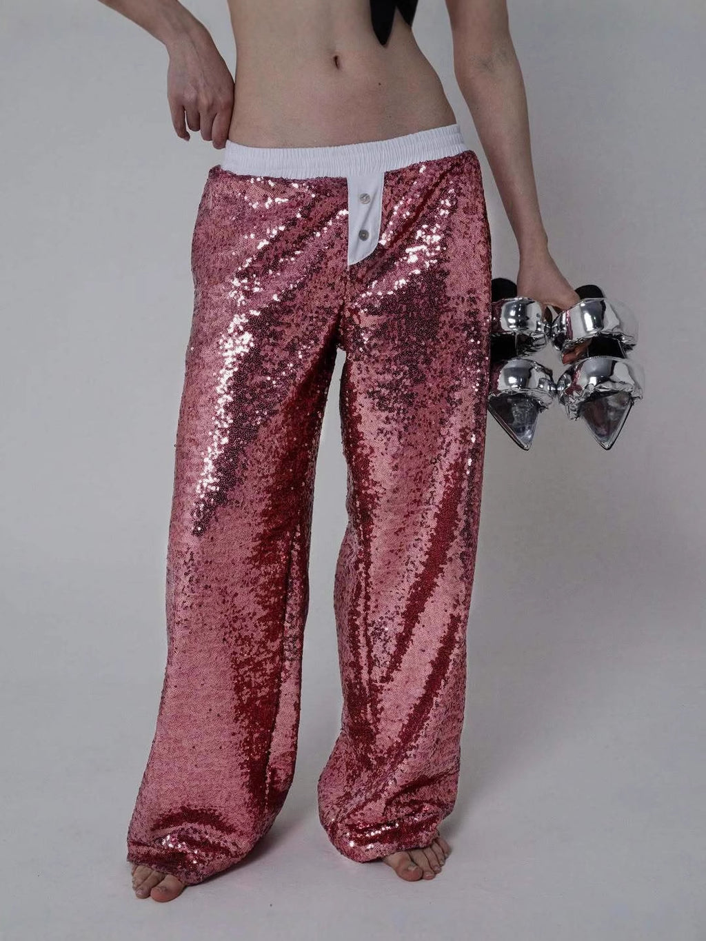 Contrast Waistband Sequin Wide Leg Pants - Pink