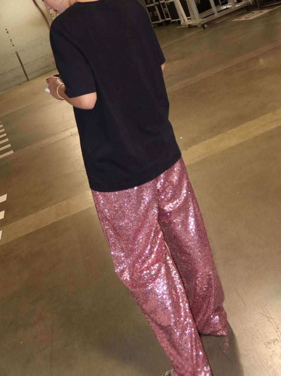 Contrast Waistband Sequin Wide Leg Pants - Pink - 1
