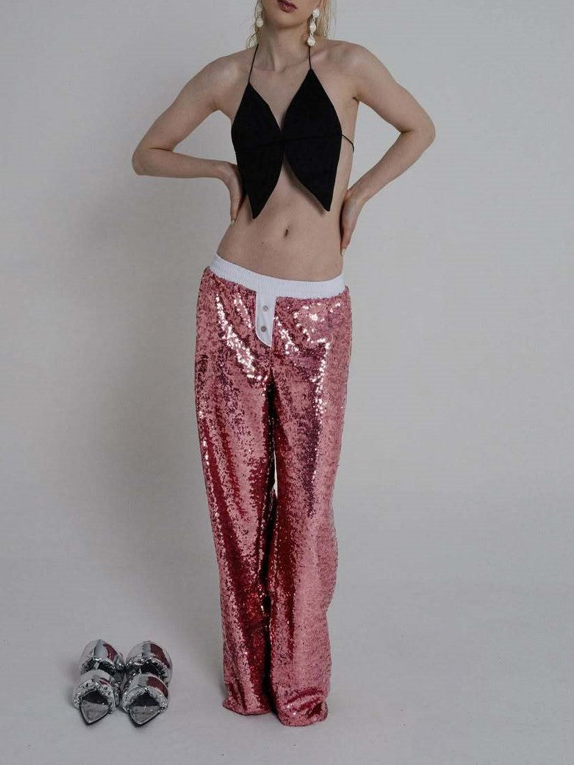 Contrast Waistband Sequin Wide Leg Pants - Pink - 2