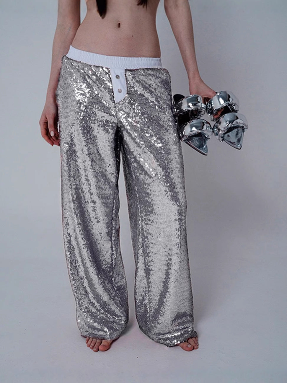 Contrast Waistband Sequin Wide Leg Pants - Silver
