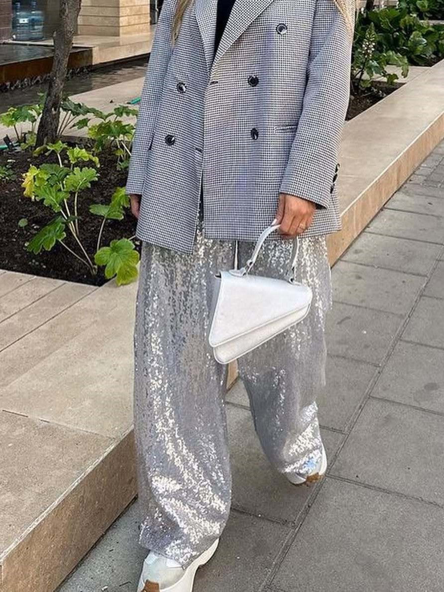 Contrast Waistband Sequin Wide Leg Pants - Silver - 1