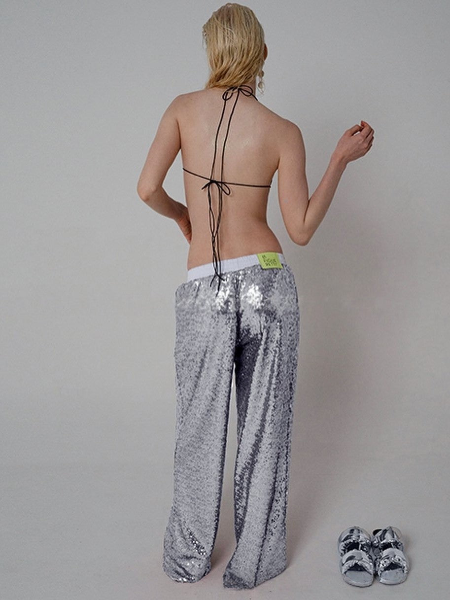 Contrast Waistband Sequin Wide Leg Pants - Silver - 2