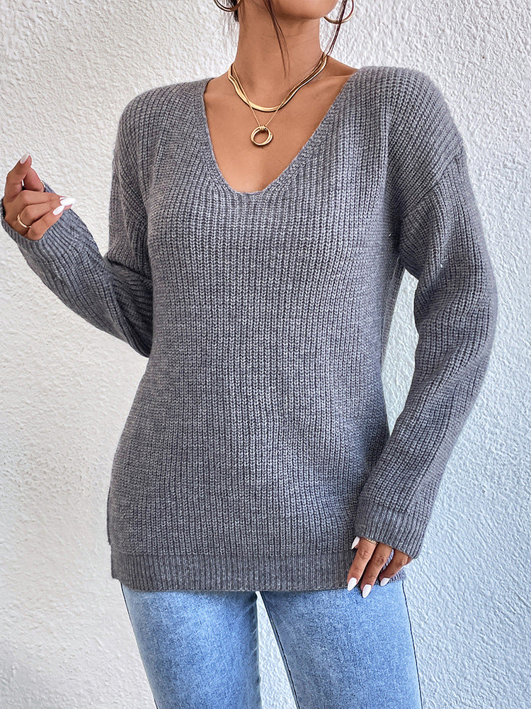 Lace Trim Crossback V Neck Sweater - Grey - 2