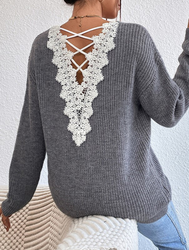 Lace Trim Crossback V Neck Sweater - Grey - 3