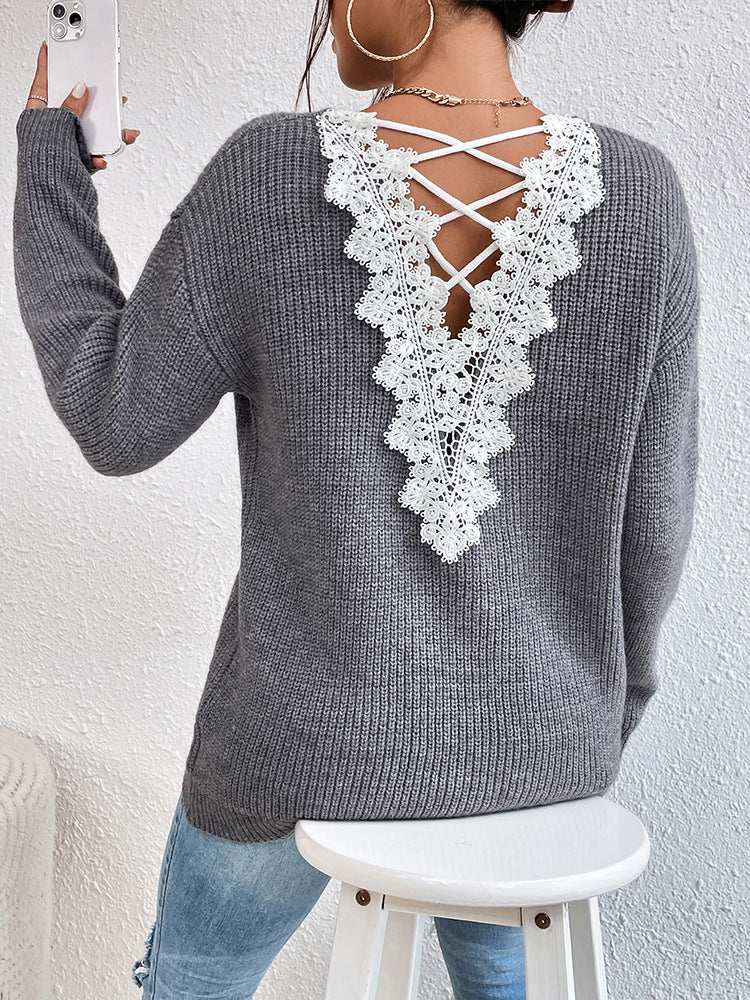 Lace Trim Crossback V Neck Sweater - view 1