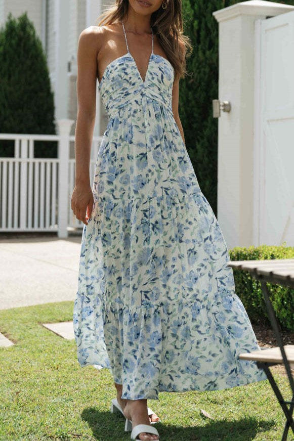 Floral Tiered Open Back Maxi Sundress - Blue