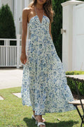 Floral Tiered Open Back Maxi Sundress - Blue