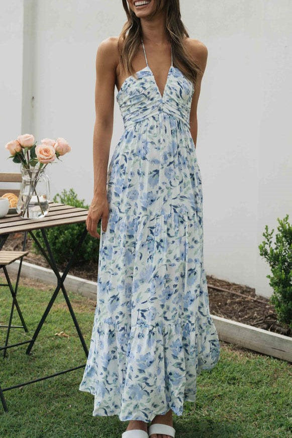 Floral Tiered Open Back Maxi Sundress - Blue - 1