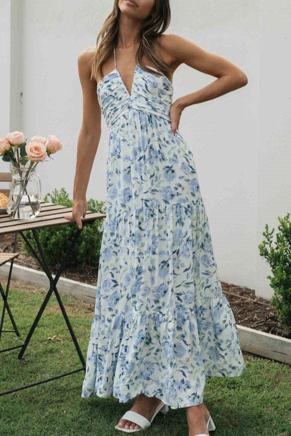 Floral Tiered Open Back Maxi Sundress - Blue - 2