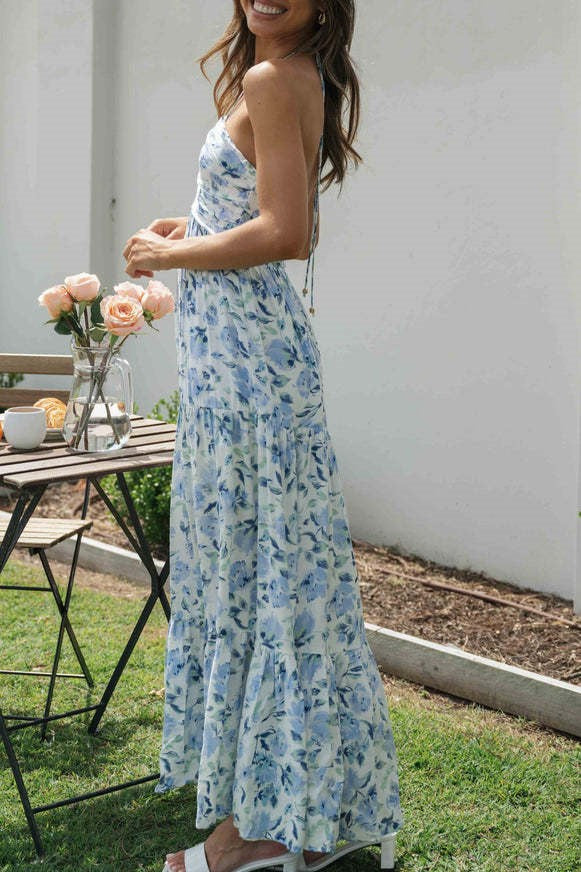 Floral Tiered Open Back Maxi Sundress - Blue - 3