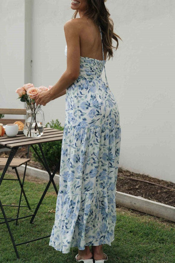 Floral Tiered Open Back Maxi Sundress - Blue - 4