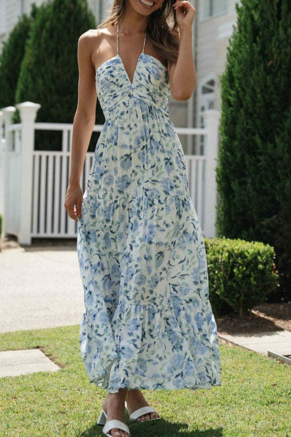 Floral Tiered Open Back Maxi Sundress - Blue - 5