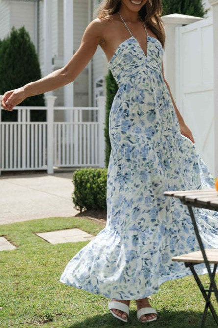 Floral Tiered Open Back Maxi Sundress - Blue - 6