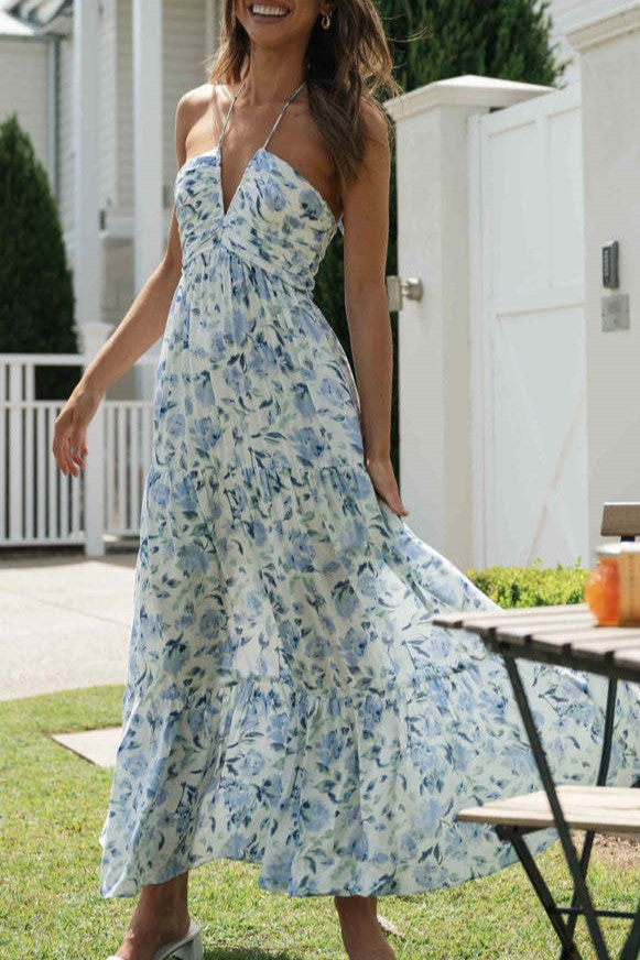 Floral Tiered Open Back Maxi Sundress - Blue - 7
