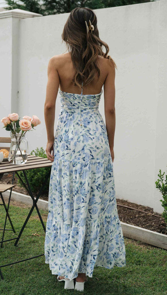 Floral Tiered Open Back Maxi Sundress - Blue - 8