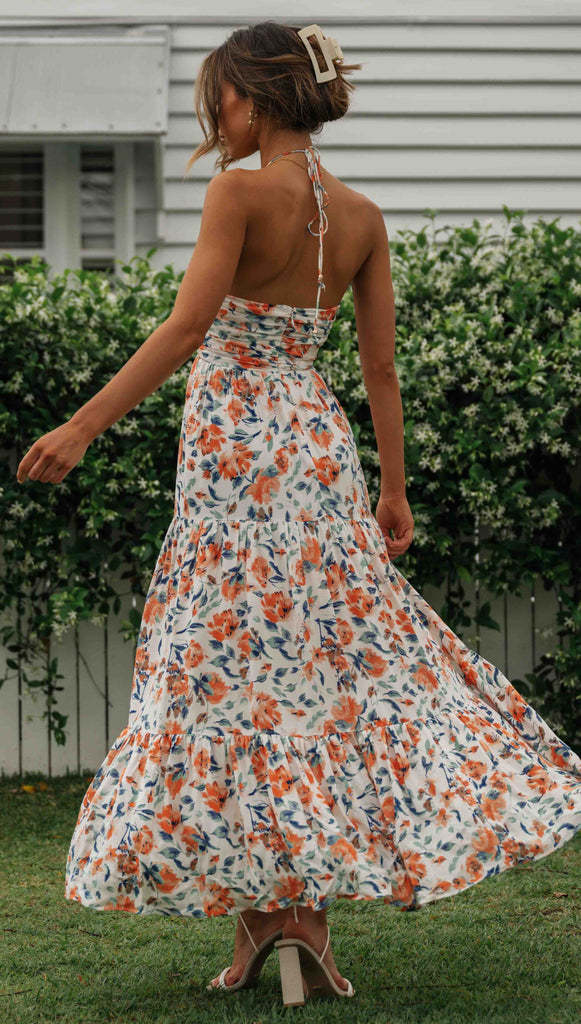 Floral Tiered Open Back Maxi Sundress - Orange - 10