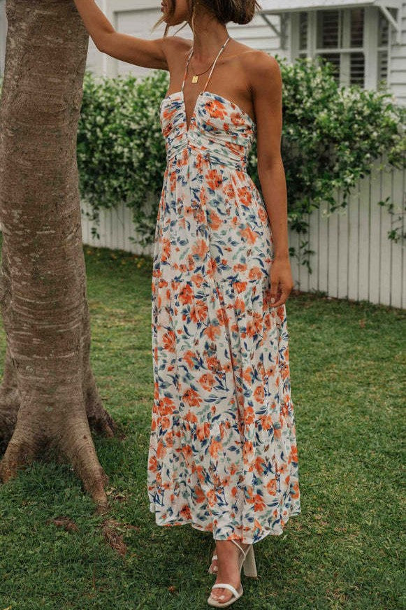 Floral Tiered Open Back Maxi Sundress - Orange - 11