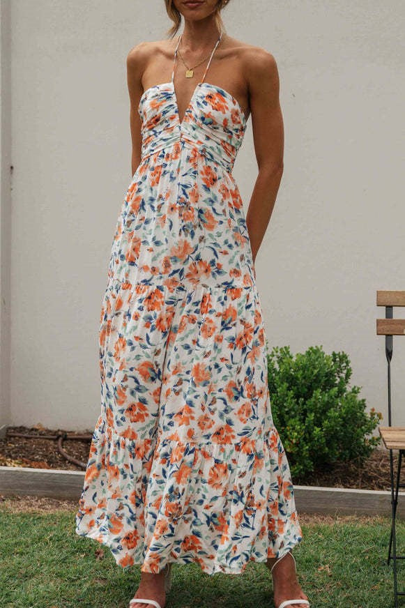 Floral Tiered Open Back Maxi Sundress - Orange - 2