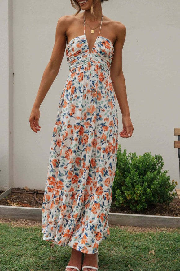 Floral Tiered Open Back Maxi Sundress - Orange - 3