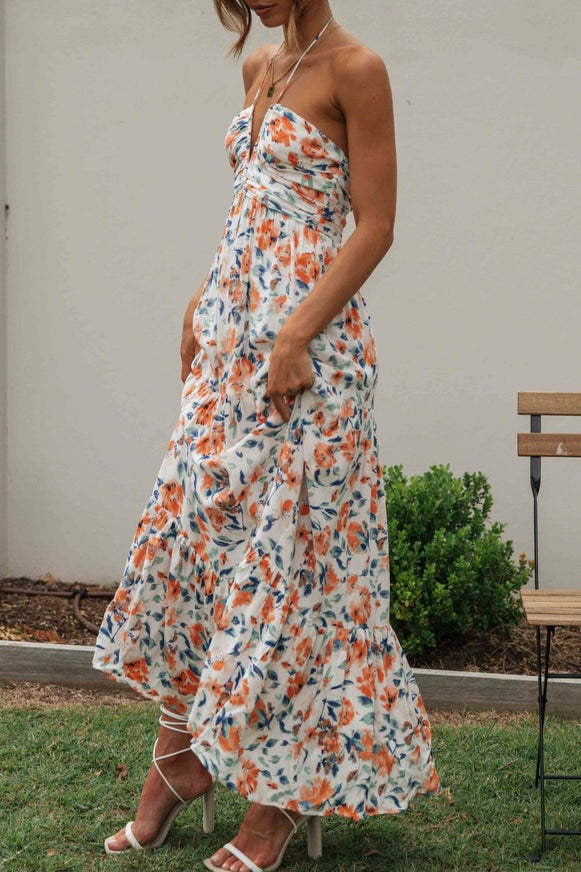 Floral Tiered Open Back Maxi Sundress - Orange - 4