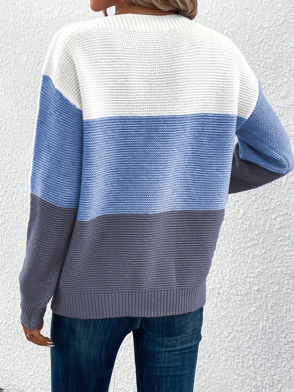 Colorblock Drop Shoulder Ribbed Knit Sweater - Blue - 2