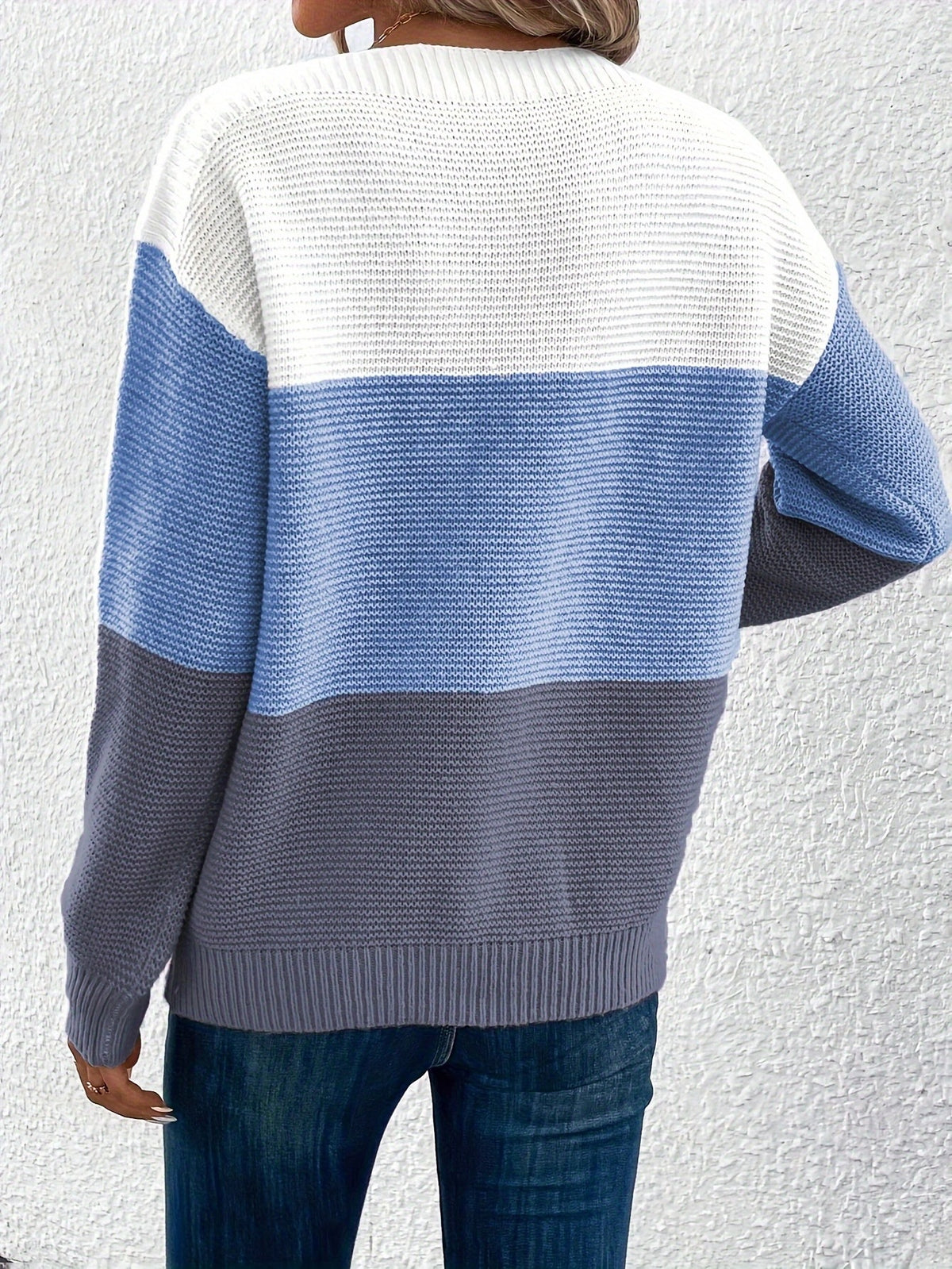 Colorblock Drop Shoulder Ribbed Knit Sweater - Blue - 2