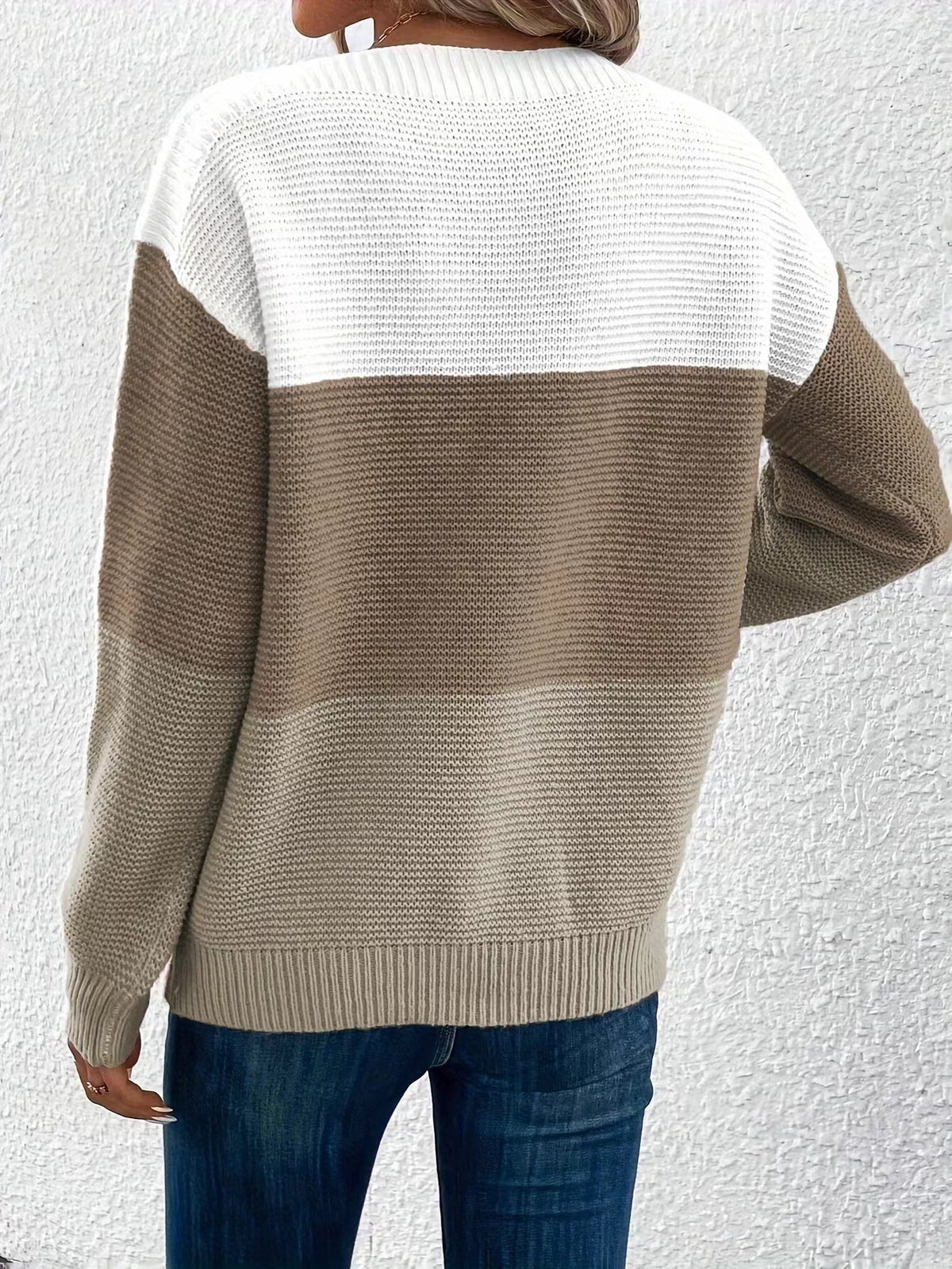Colorblock Drop Shoulder Ribbed Knit Sweater - Brown - 2