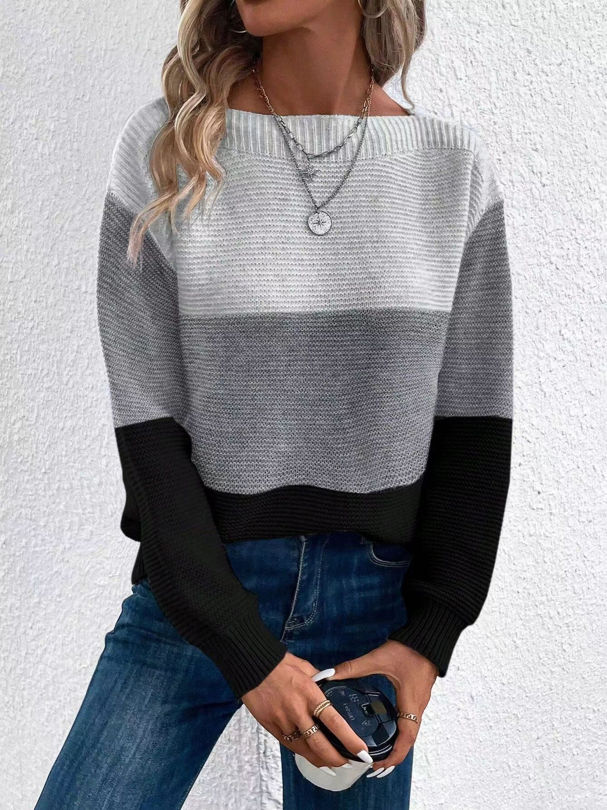 Colorblock Drop Shoulder Ribbed Knit Sweater - Gray