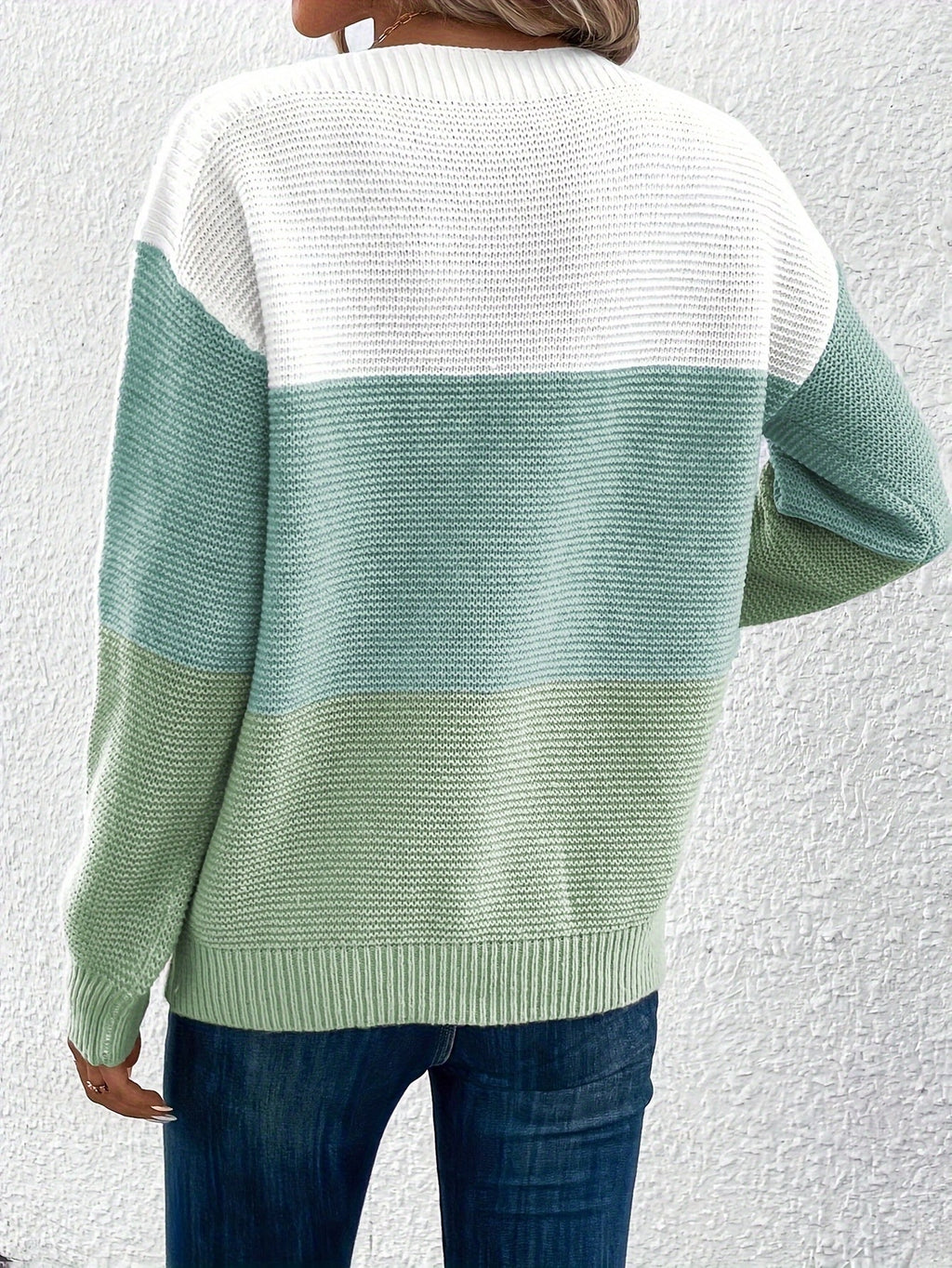 Colorblock Drop Shoulder Ribbed Knit Sweater - Green - 3
