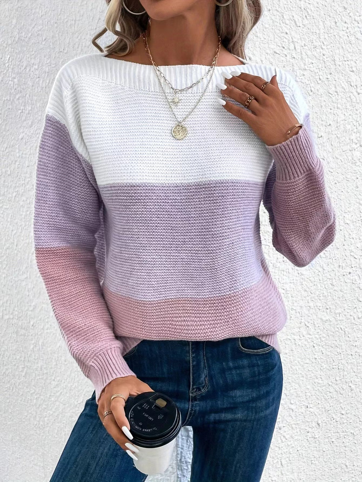 Colorblock Drop Shoulder Ribbed Knit Sweater - Purple