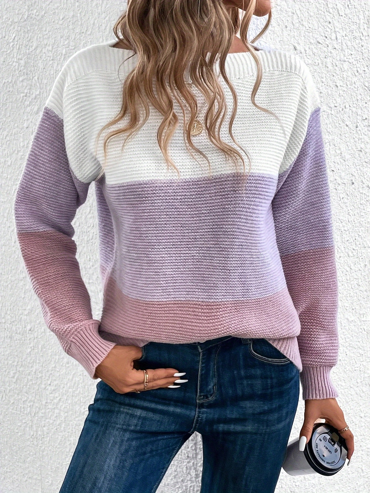 Colorblock Drop Shoulder Ribbed Knit Sweater - Purple - 1