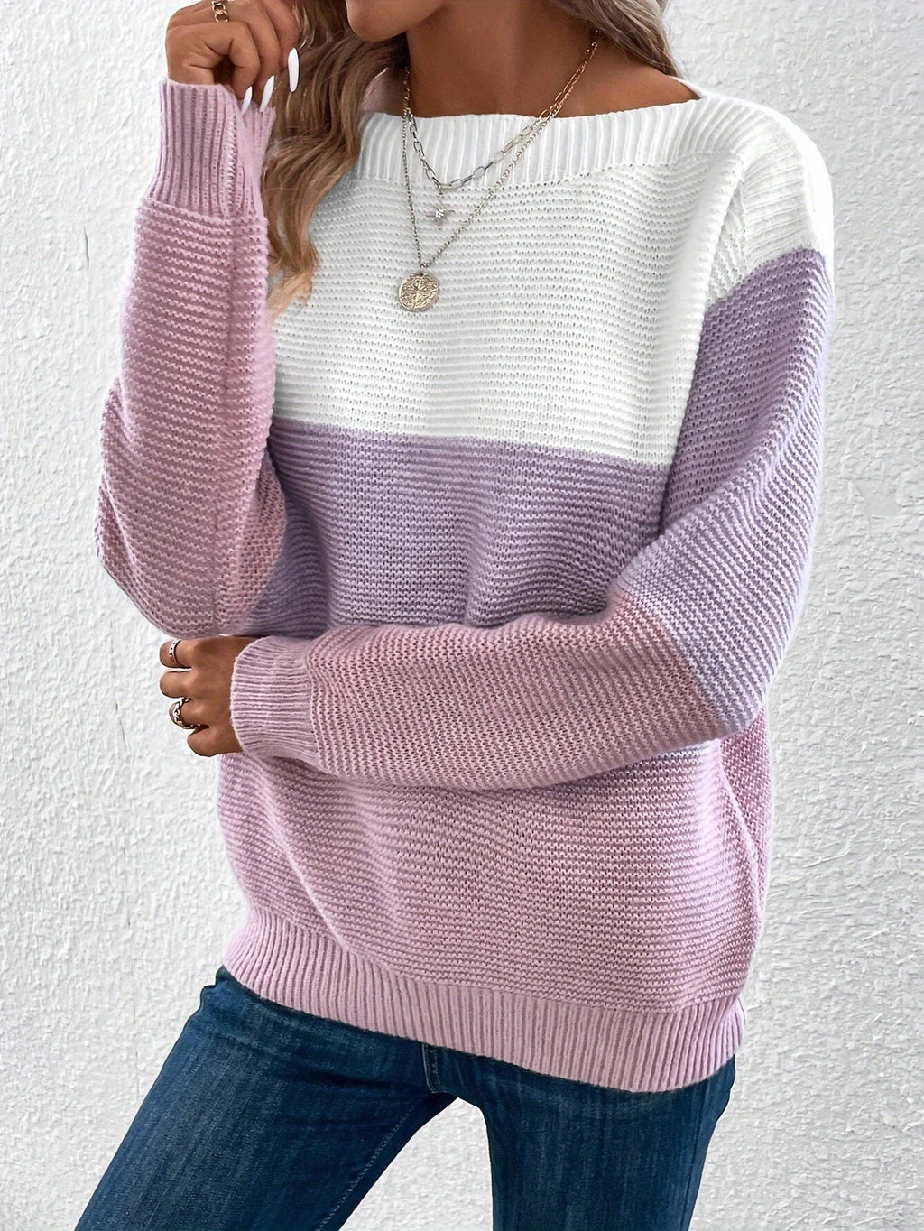 Colorblock Drop Shoulder Ribbed Knit Sweater - Purple - 2
