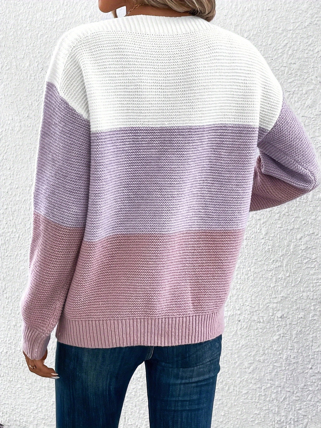 Colorblock Drop Shoulder Ribbed Knit Sweater - Purple - 4