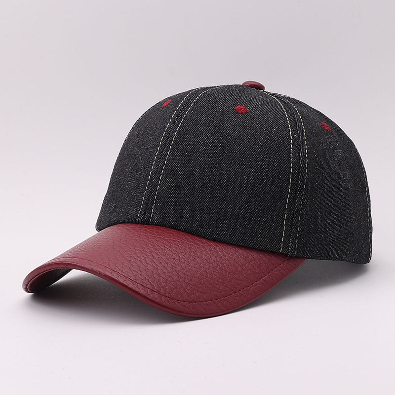 Denim Baseball Cap With Faux Leather Brim - Black